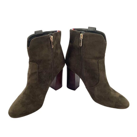 Tommy Hilfiger Womens Heeled Ankle Boots Olive Suede & Leather Gold Button S 8.5 - Picture 6 of 10